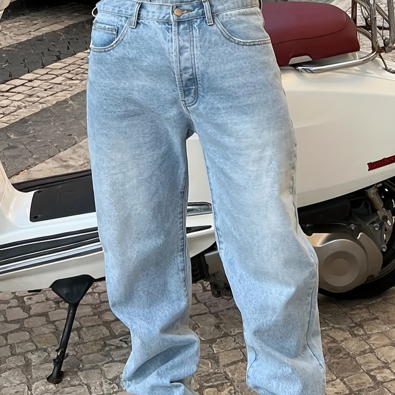 Trendy Light Blue Straight-Cut Jeans with a Retro High Waist And Loose, Wide Legs