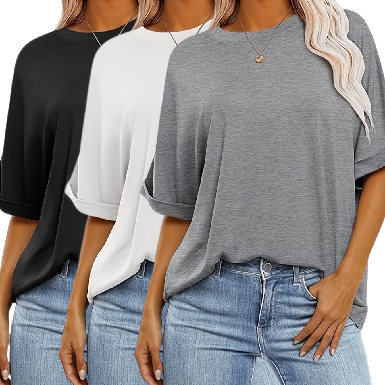 3pcs Women's Oversized Short-Sleeve T-Shirts - Loose Fit Round Neck Summer & All-Season Basic Tees, Solid Color Casual Layering Tops, Machine Washable Comfortable Casual Attire (Bulk Pack) - Neutral Colors Suitable for All Body Types