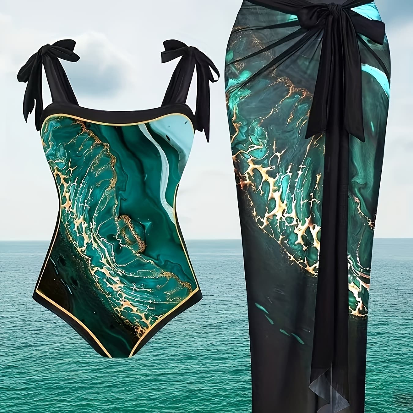 Women's One-Piece Swimsuit With Long Beach Cover Ups Wrap Skirts, Green Marble Textured Pattern Prints Sun Protection Beachwear, Black Shoulder Strap Bow Design Tummy Control Slimming Bathing Suit Set Suitable For Seaside Vacation