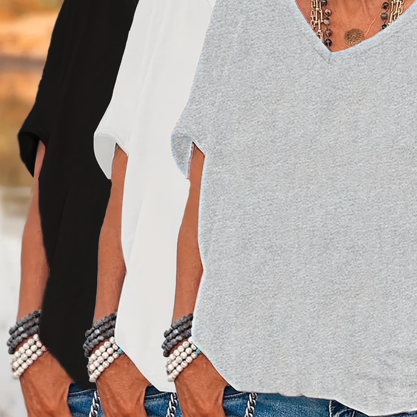 Plus Size Women's 3pcs Set Loose Fit V-Neck Short Sleeve T-Shirt For Summer, Fashionable Basic Batwing Sleeve Design, Comfortable And Casual For Vacation