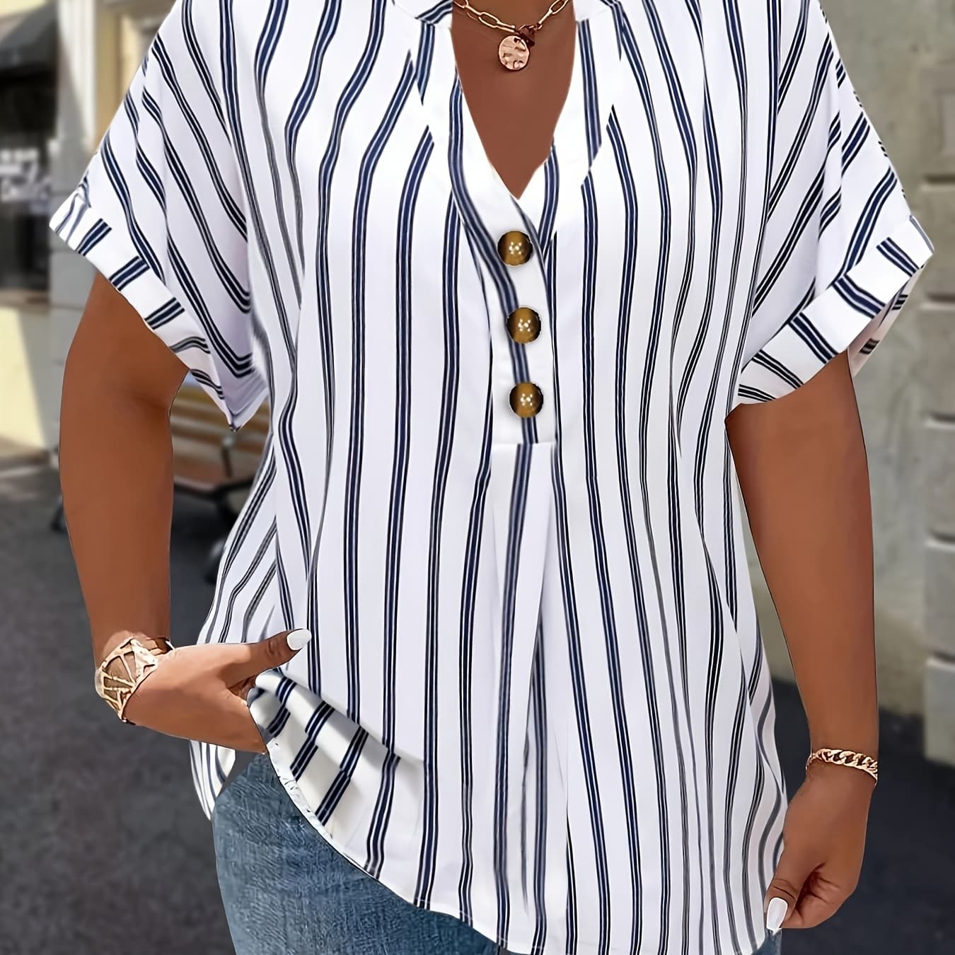Plus Size, Hot New Fashion Plus Size Women's Shirt with Striped Raglan Sleeves, Fold-Over Collar and Decorative Buttons Elegant Style Blouse