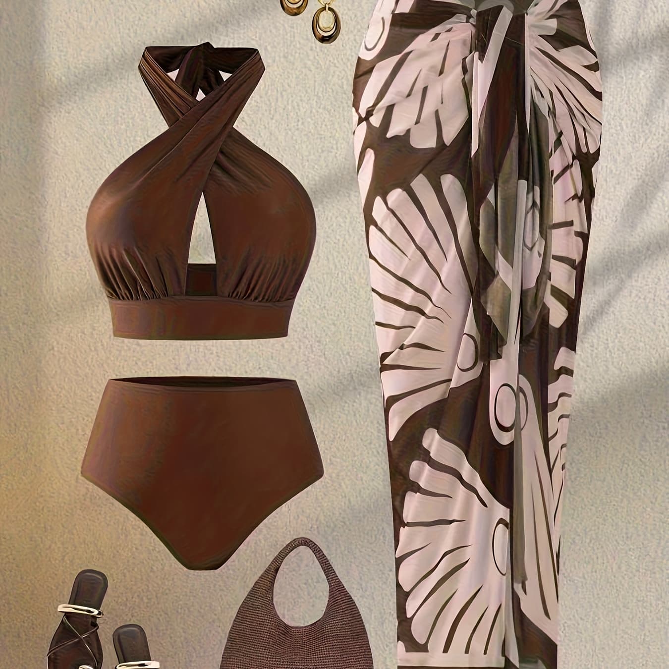 Seman'S Directional "Caramel Brown Cross-Neck Swimsuit + Large Floral Cover-Up Skirt Vacation Three-Piece Set"