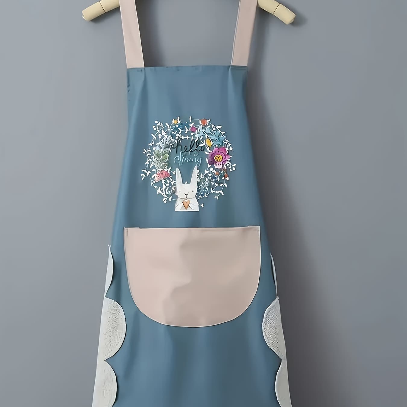 Cute Cartoon Flower Wreath Rabbit Apron, PVC Material Apron, Coffee Shop and Restaurant Workwear - Practical Household Apron, with Hand-wiping Design on Both Sides, Wear-resistant and Easy-to-clean Apron, Practical Apron for Ladies, Couple Apron.