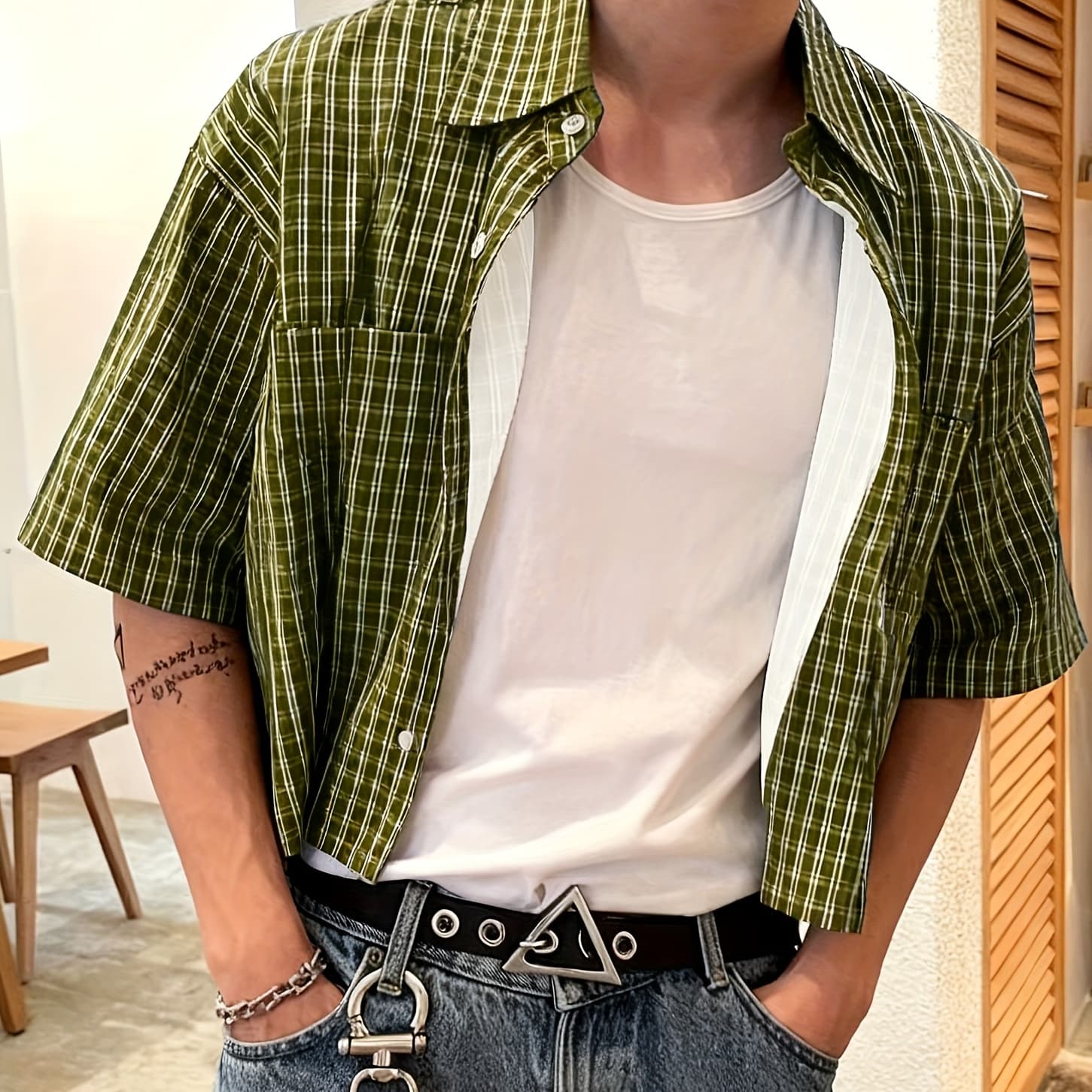 [Preppy Casual Style] [Short Length] Men'S Spring Summer Autumn Plaid Random Cut Casual Comfortable Short Sleeve Shirt, Suitable for Casual Outing, School Wear, Daily Wear, Holidays, Casual Outing, 100%, Machine Washable, Non-Dry Clean. JCY6437