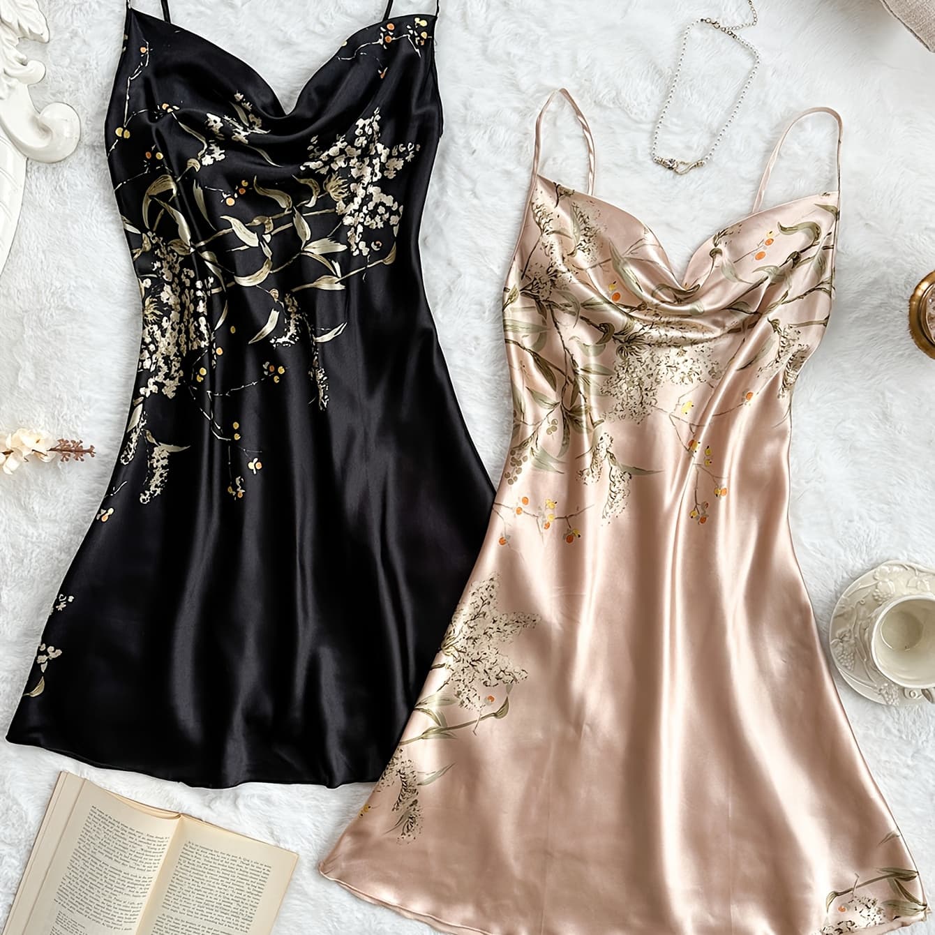 2pcs Set, Four Seasons Simulated Pile Collar Printed Fashionable Sexy Suspender Nightdress Women