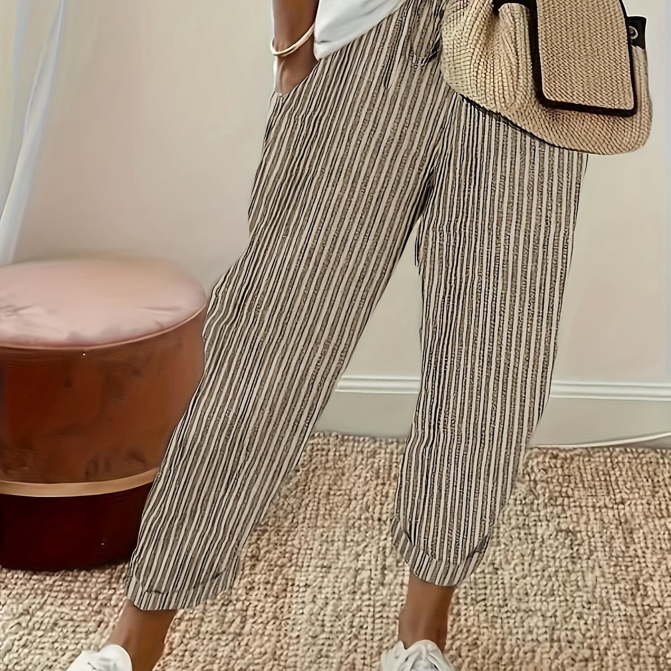 Women's Striped Wide-Leg Casual Pants - High-Waisted, Lightweight Polyester, Machine Washable, All-Season Comfort with Side Stripe Detail