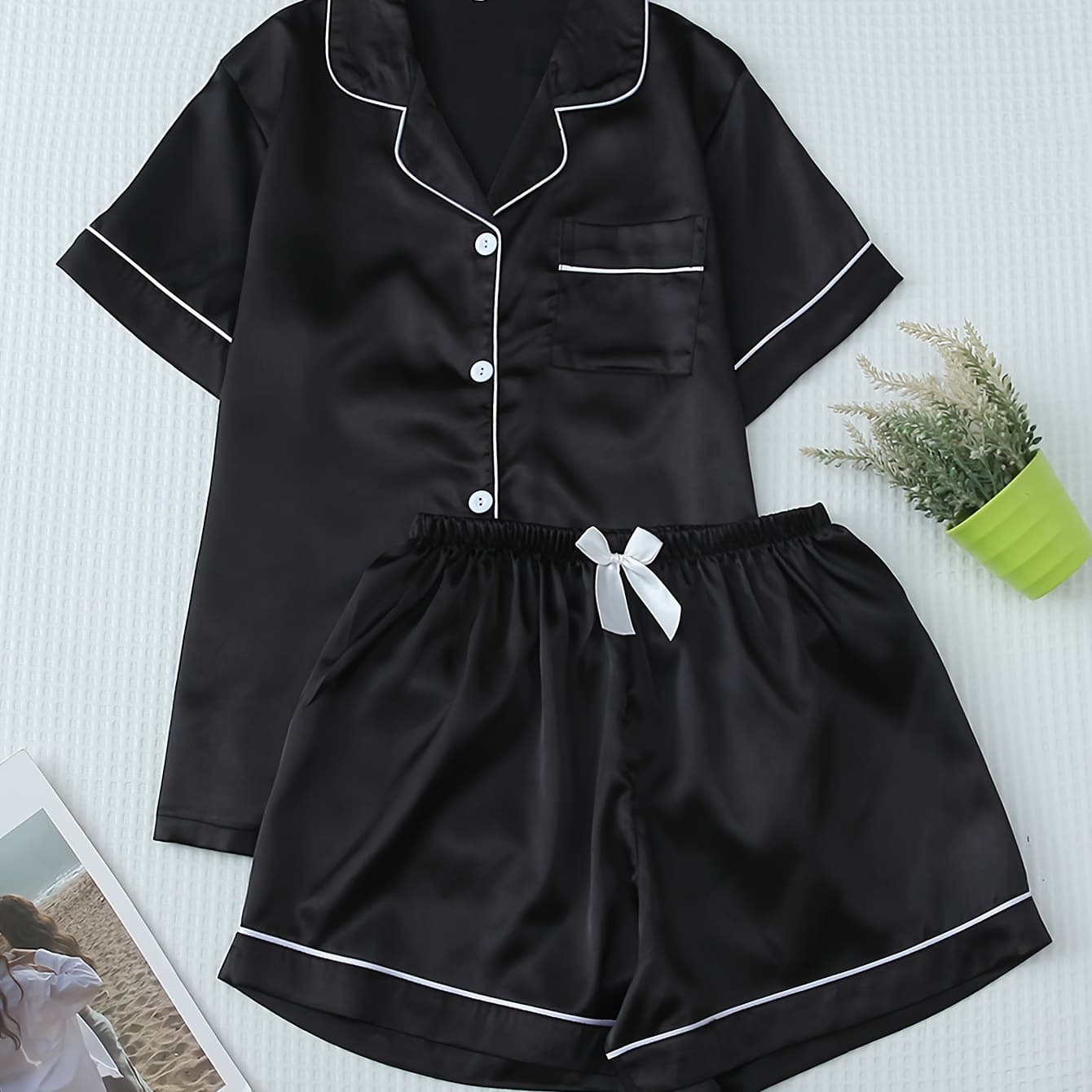 Women's Satin Button-Up Top with Elastic Waistband, Short Sleeves, and Shorts Pajama Loungewear Set