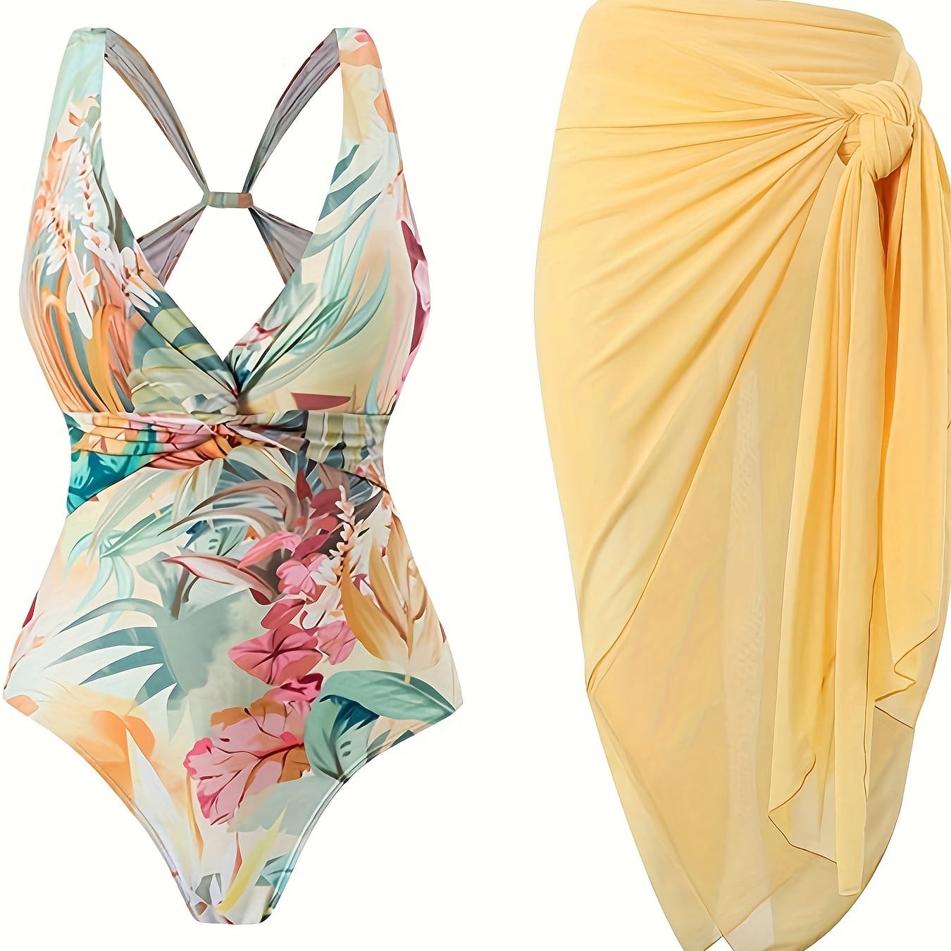 Chic Vintage Floral Print Two-Piece Swimsuit Set for Women - One-Piece with Remov Beach smock