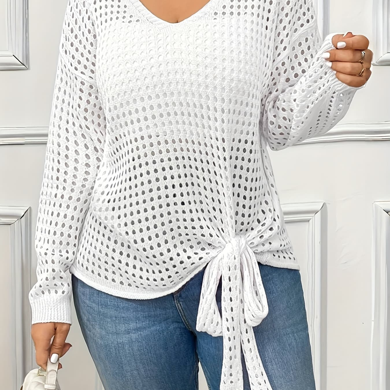 Spring/Summer Women's Solid Color V-Neck Hollow-Out Tie-Up Long Sleeve Pullover Sweater
