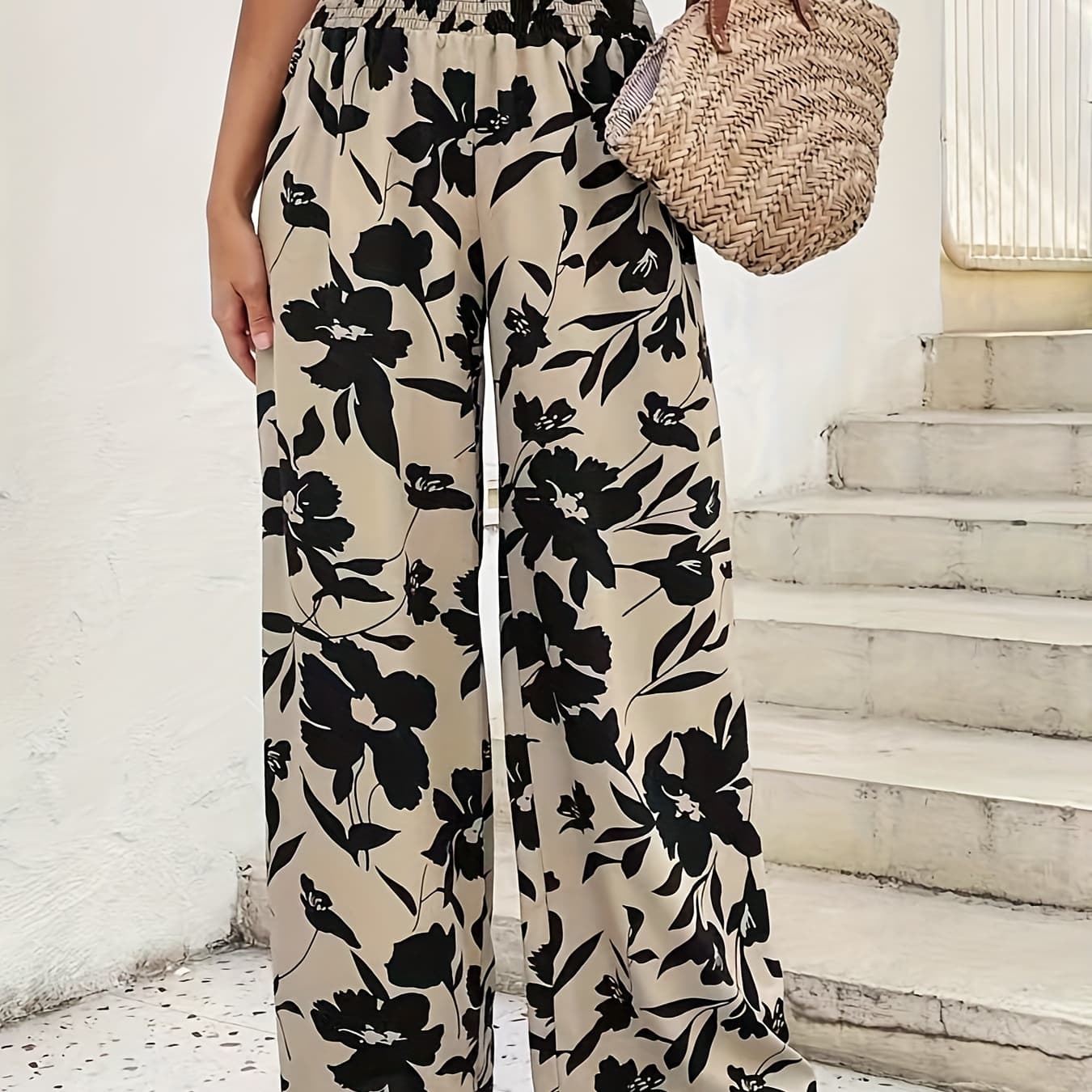 Women's Floral Print Wide-Leg Pants - High-Rise, Loose Fit, Lightweight Polyester, Casual Spring/Summer/Fall Outing Wear, Seasonal Fashion | Summery Vibe Pants | Flowing Fit Pants, Cute Pants