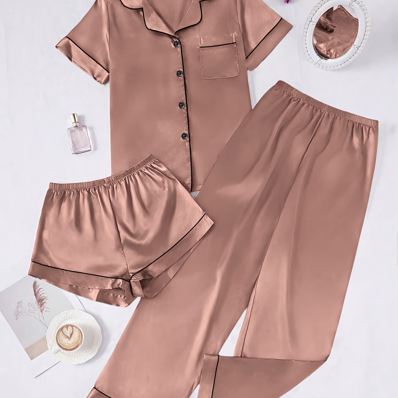 Solid Color Women'S Simple And Comfortable 3pcs Pajama Set, Includes 3pcss: Collared Short-Sleeve Top & Elastic Waist Shorts & Elastic Waist Long Pants Women'S Pajama Set