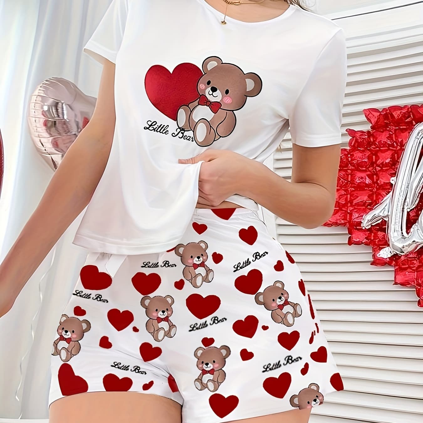 Spring/Summer Short-Sleeve Round Neck Pajama Set with Cute Cartoon Bear & Heart Pattern Print