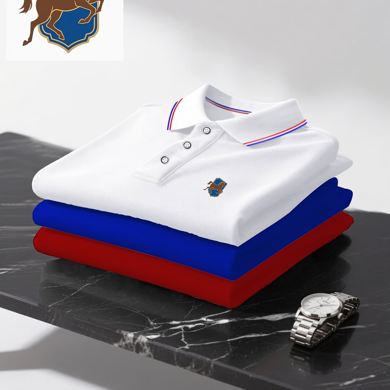 A Set of Three Men'S Short-Sleeve Polo Shirts Featuring a Horse Logo, with Colorful Striped Collar And Cuffs - Made from Breathable Moisture-Wicking Fabric, Classic Button Design, Suitable for Both Casual And Business Wear, a Summer Essential
