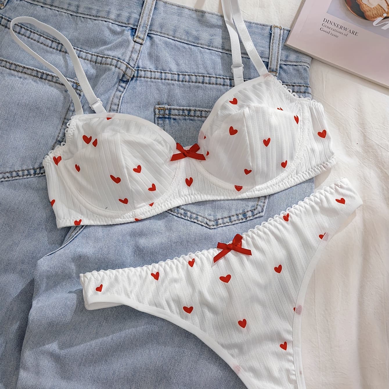 Women's Love Print Bow Bra Set