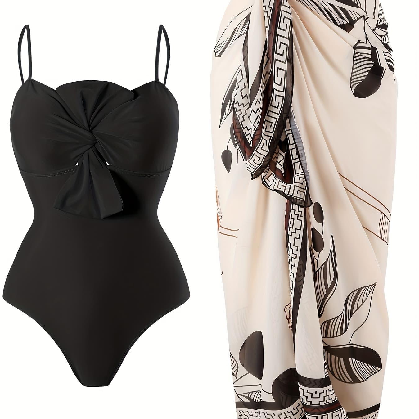 New Women's 1pc Swimsuit with Chiffon Printed Beach Skirt Set for Hot Spring and Vacation