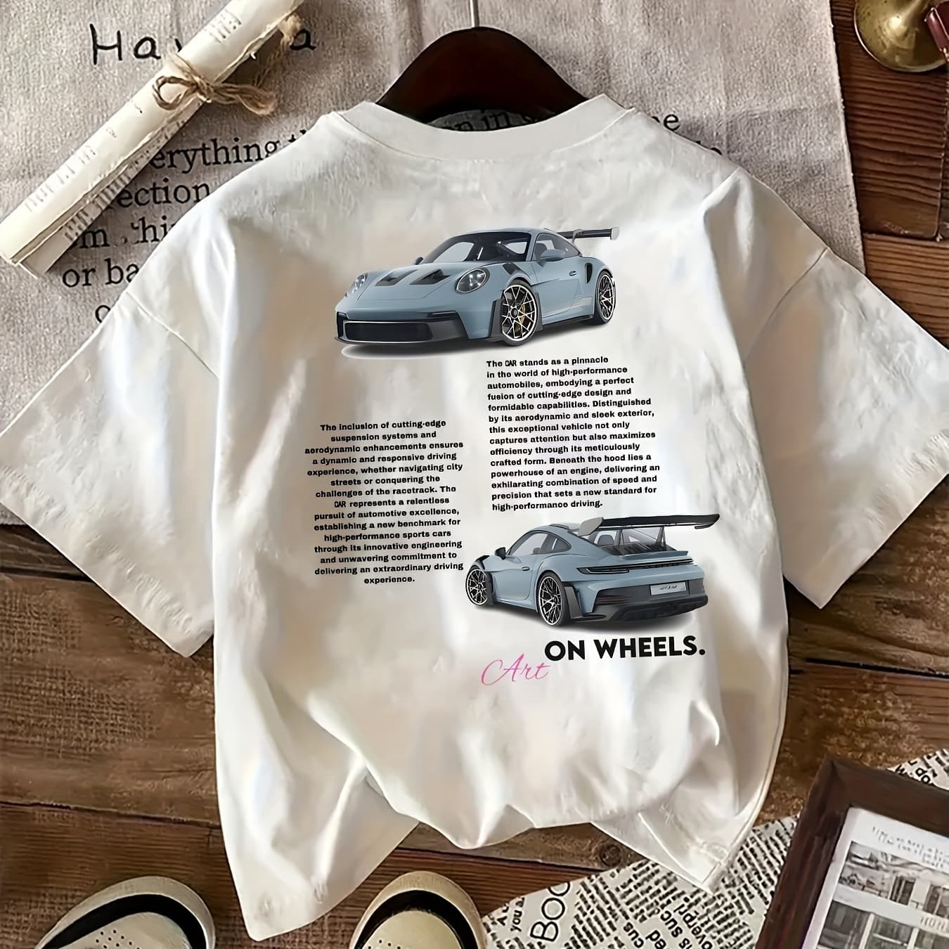 Women's Car Print T-Shirt - Casual Round Neck Tee Suitable for Seasons, Medium-Stretch Fabric with Vehicle Graphics, Machine Washable Casual Attire for Car & Casual Outfits (Non-)