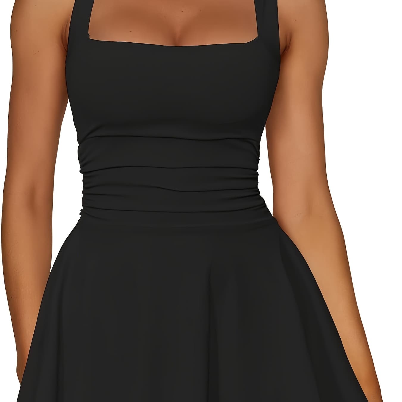 Women'S Square Neck Ruffle Hem Mini Dress Pleated Waist Short Party Dress