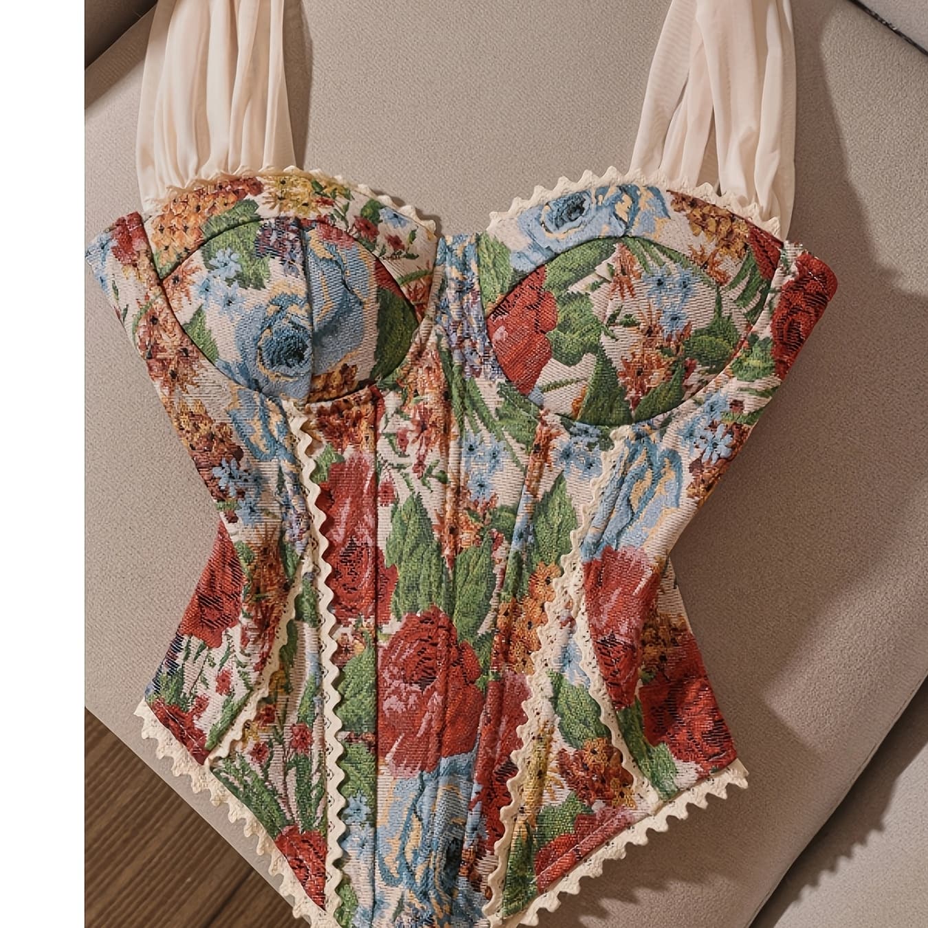 Vintage Floral Tapestry Bustier | Romantic Cottagecore Corset Top with Scalloped Lace Trim and Adjustable Straps, Ideal for Boho Bridal, Festival Outfits, and Whimsical Everyday Looks