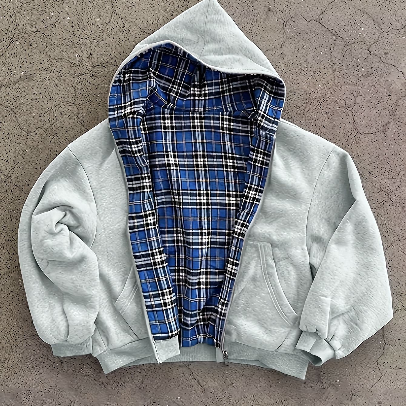 Two-in-One! Vintage Reversible Hoodie, Blue Plaid Zip-Up Sweatshirt Hoodie for Men, Women, and Couples, Casual Autumn/Winter Silhouette Outerwear