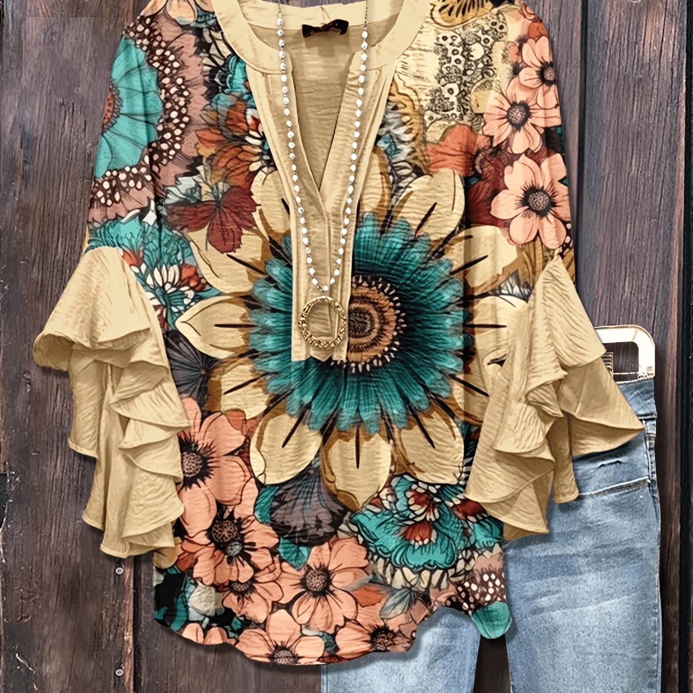Women's V-neck Printed Bohemian-style Three-quarter Sleeve Top Features A Classic Design, Suitable for Casual Attire, Holidays, And Vacations. The Ruffled Print Makes It Perfect for Spring, Summer, And Fall.
