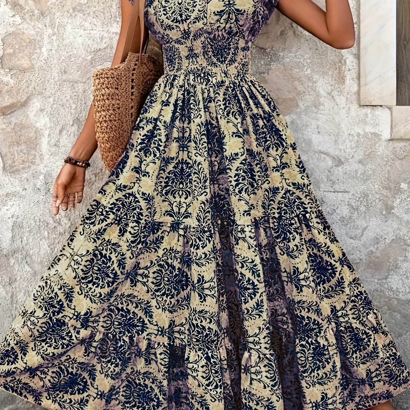 Plus Size, European and American Plus Size Women's V-Neck Waist-Cinching Short Sleeve Printed Long Dress, Vintage Bohemian Style, Loose Fit Flattering and, Summer Beach Vacation Daily Commute Maxi Dress