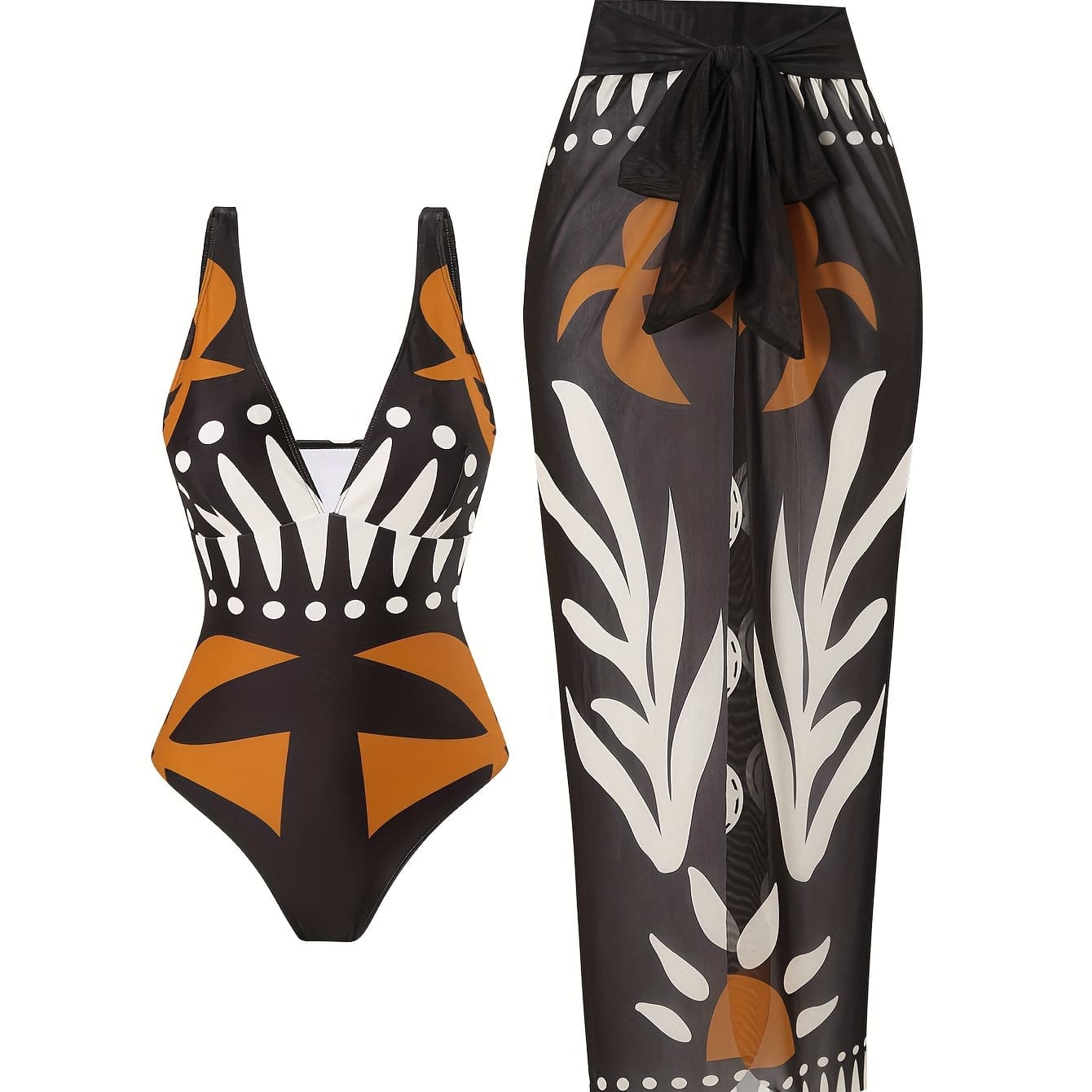 Two-Piece Set Featuring a Printed Swimsuit with a Sheer Skirt