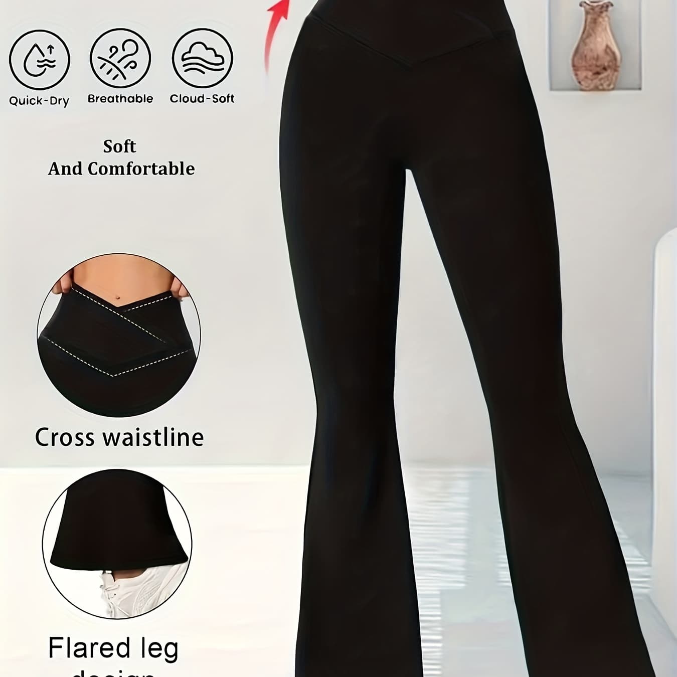 Wide-Leg Trousers - Elegant High-Waisted Black Pants with Tummy Control & Vertical Leg-Lifting Design, Soft Stretch Fabric (No ), All-Season Wear for Casual,, Formal Events - Flared Long Pants