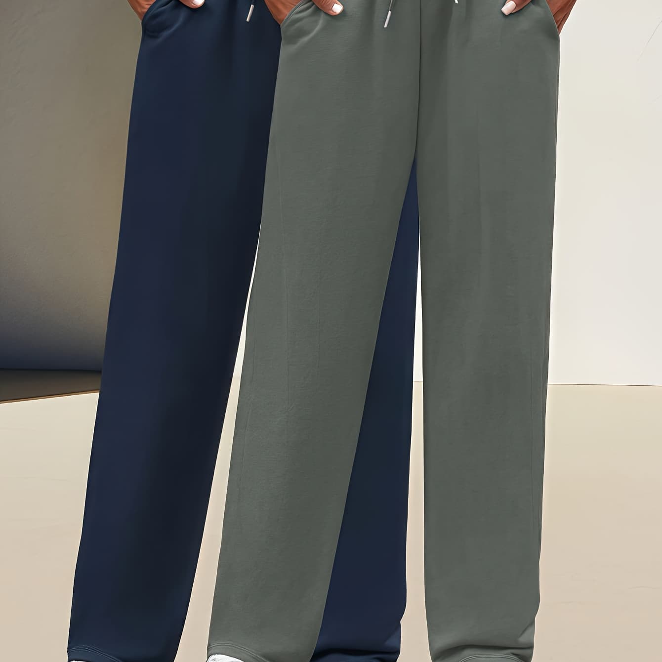 Women'S 2pcs Solid Color Long Pants, Drawstring Elastic Waist Casual Trousers with Pockets, Suitable for All Seasons, Jogging Pants for Women