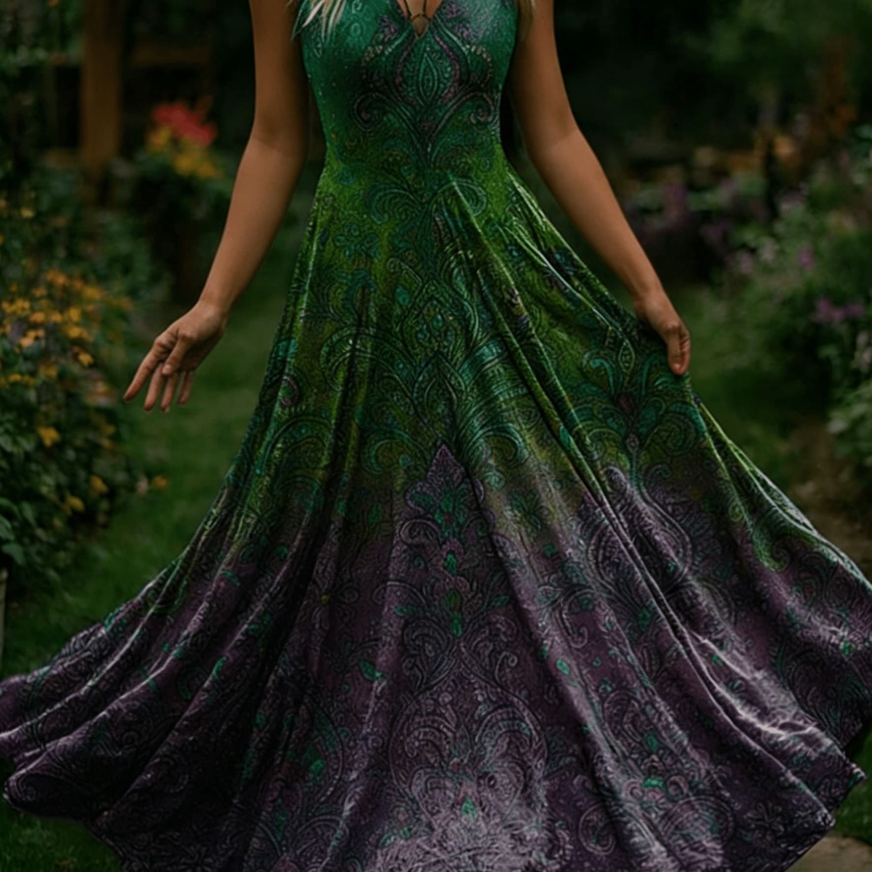 Women's Bohemian Maxi Dress with V-Neck & -Line Silhouette - Sleeveless Flowy Dress Suitable for Beach Vacations, Festivals, Travel | Green-Purple Gradient Paisley Print, Machine Washable Retro Dress for Spring Summer Fall Outfits