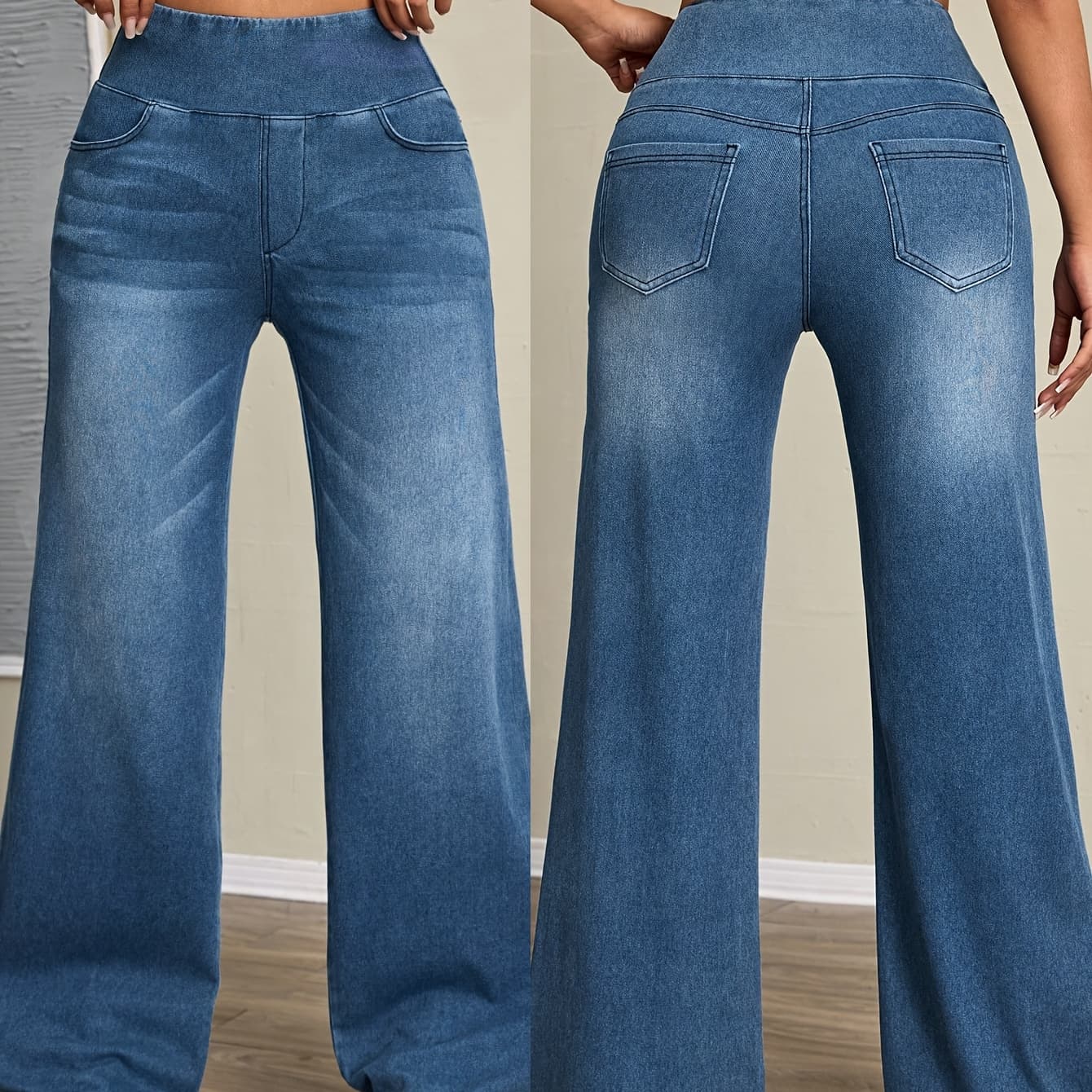 Women's Deep Blue Wide Leg Jeans Pants - Tummy Control Stretch Denim with Elastic Waist, Y2K Vintage Wide Leg Pants Suitable for All-Season Wear, Machine Washable Wide-Leg Jeans (No Needed)