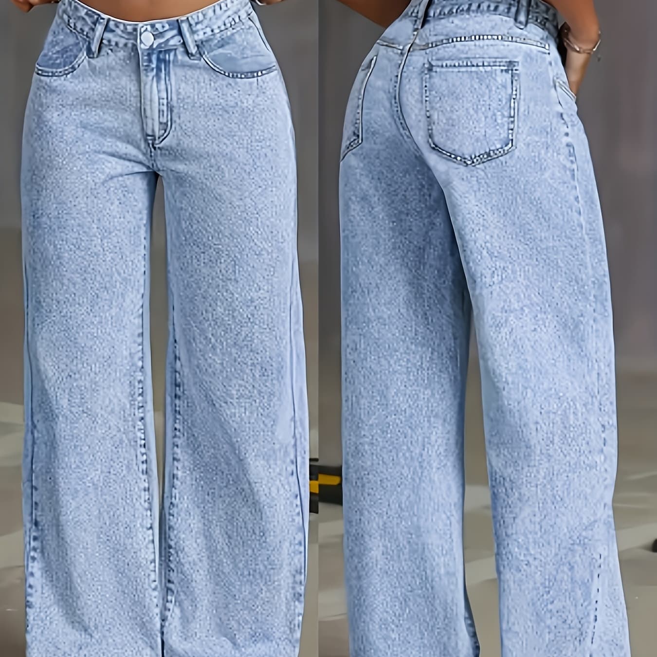 Women's New Fashion Stretchy Straight Jeans, Loose Comfort Fit Wide Leg Jeans, Acid Washed Light Blue Denim Trousers with Pockets, Elegant Women's Clothing, High Waisted Tummy Control Pantalones. Baggy Casual Pants for Travel, Work and Office Wear.