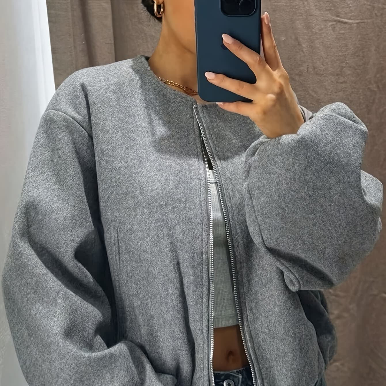 Women'S Stylish Round Neck Lantern Long Sleeve Zip-Up Jacket