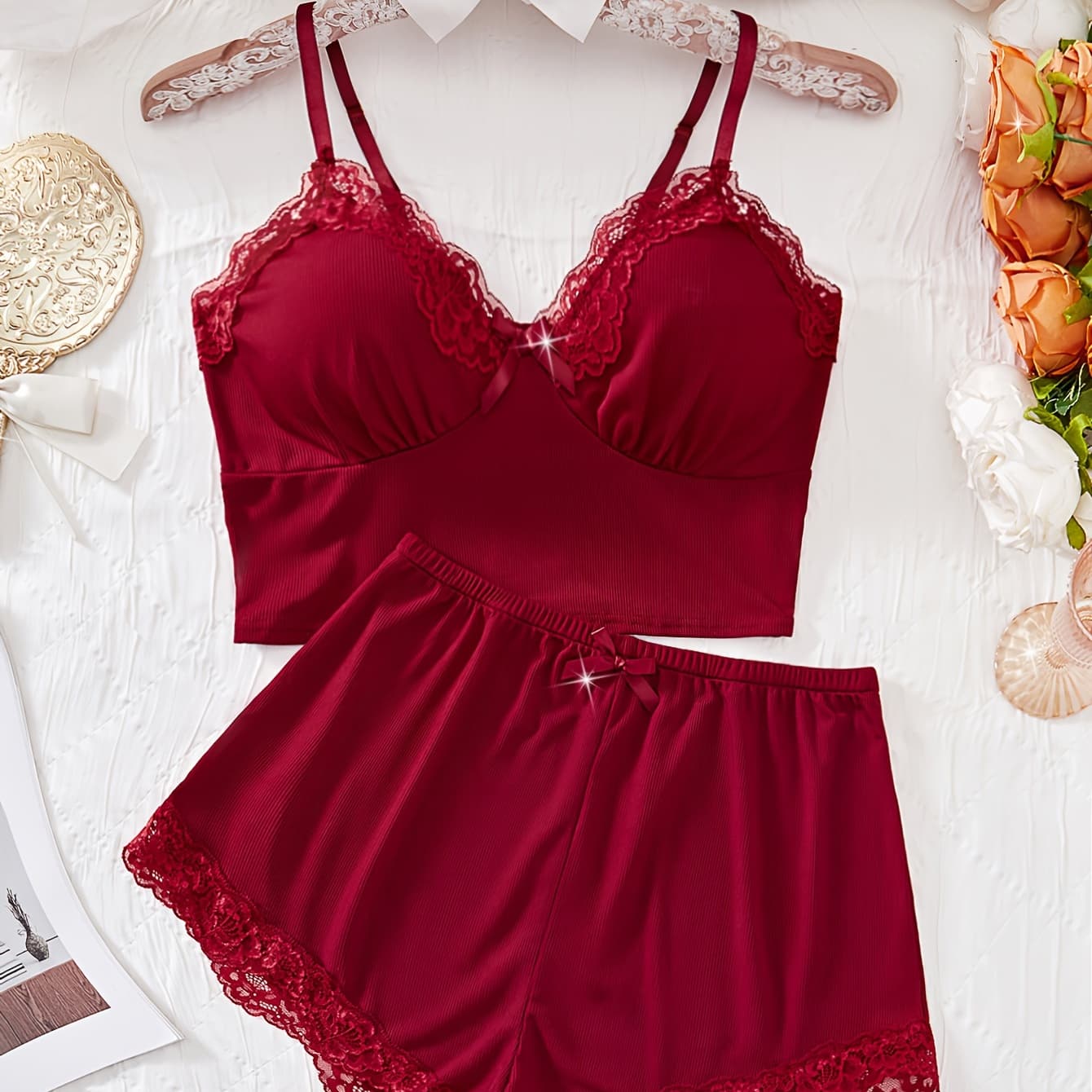 2pcs Floral Contrast Lace Pajama Set, V Neck Solid Color Bow Top & Shorts, Women's Sleepwear & Loungewear