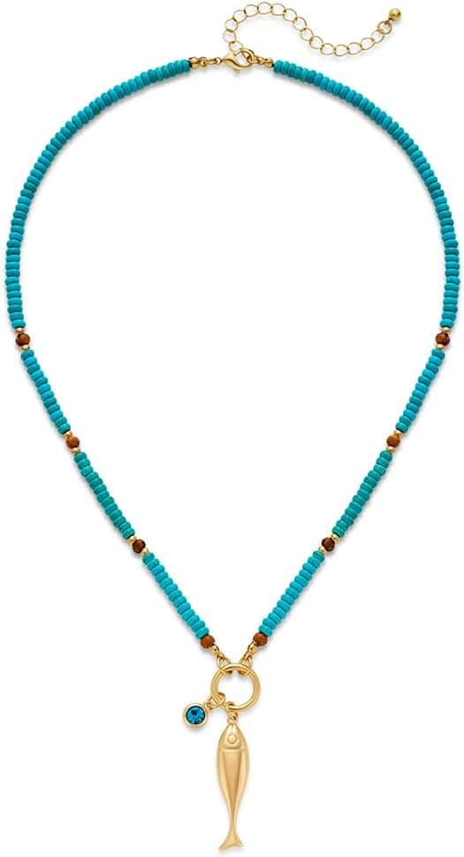Mothers Day Gifts Chunky Gold Fish Pendant Necklace For Women Long Silk Scarf Turquoise Strand Necklace With Fish Pendants Boho Beach Shell Statement Necklaces