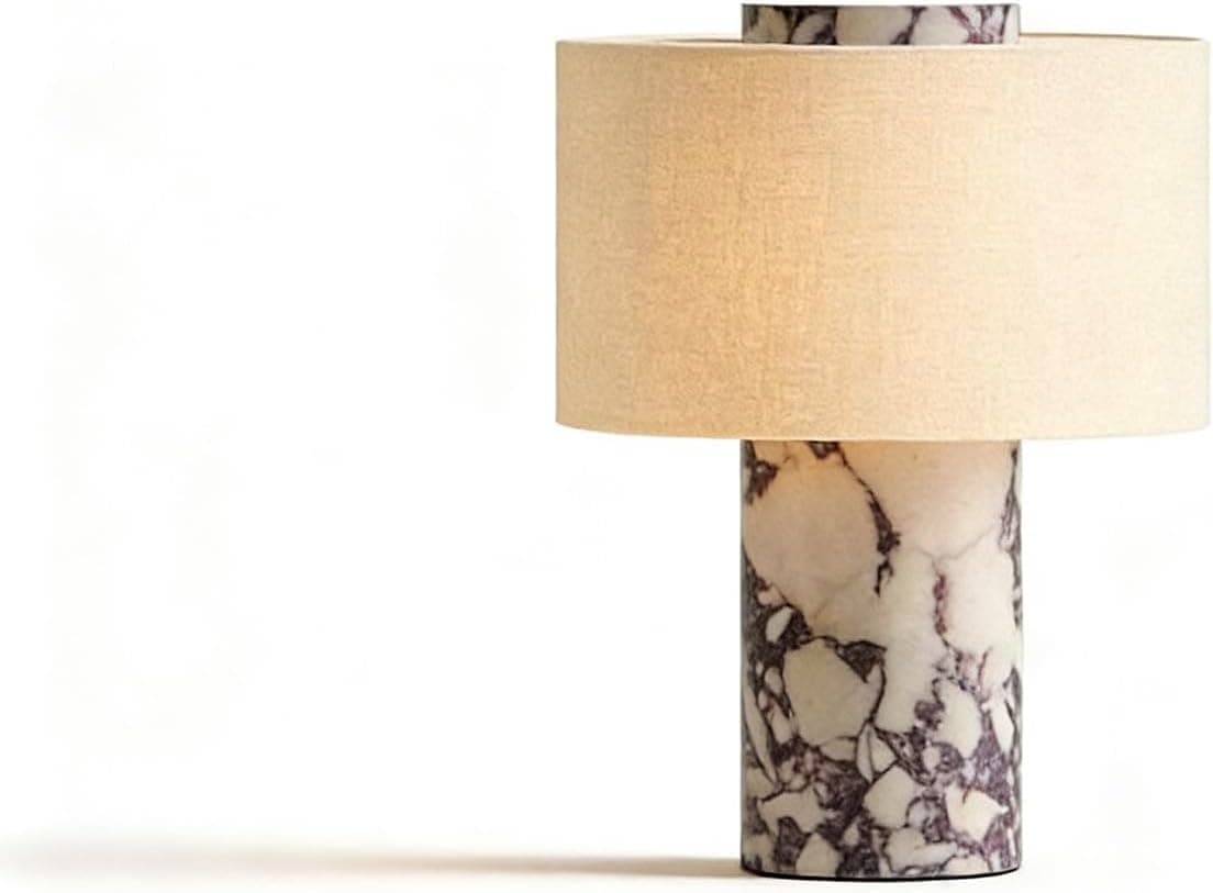 Marble Luxury Stone Rechargeable Touch Table Lamp, Cylindrical Shape, Linen Cloth Fiber Lampshade, High-End and Light Luxury, Bedroom Bedside Table Night Light, Black and White