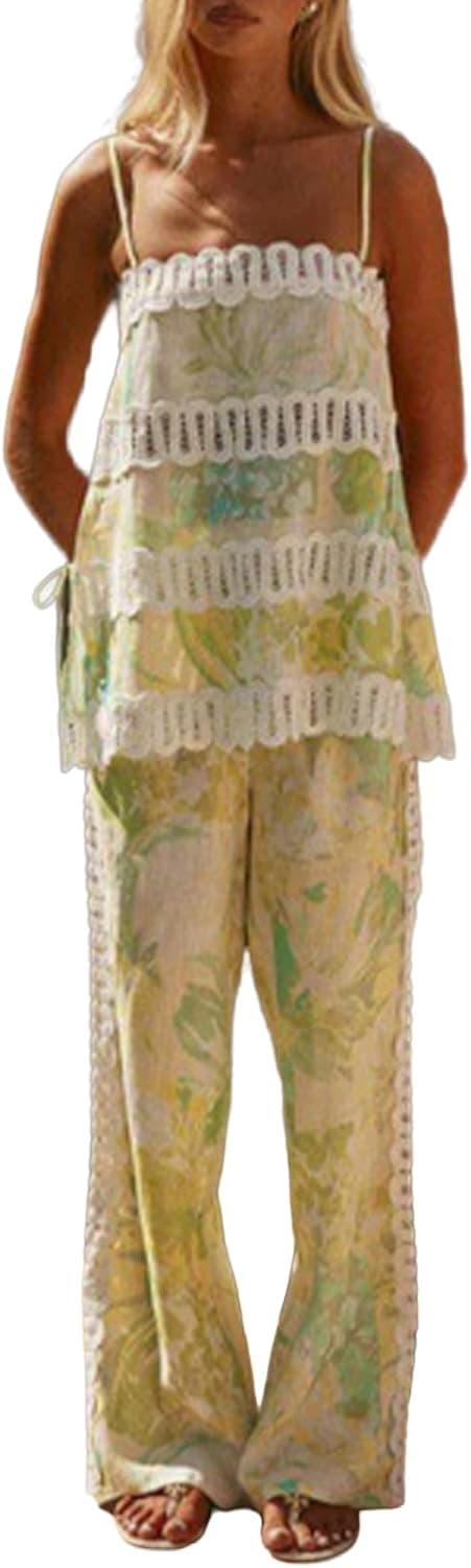 Womens 2 Piece Outfits Printed Linen Sexy Sleeveless Camisole Pants Set Outfits For Going Out