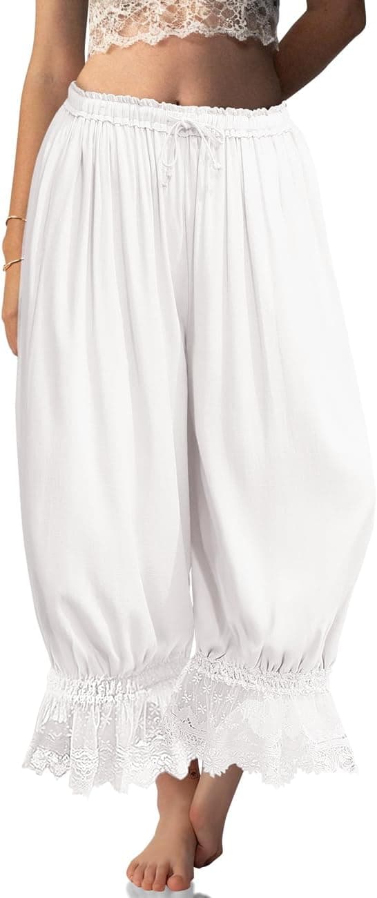 Women Linen Lace Trim Long Bloomers Pants Ruffle Victorian Vintage Pantaloons Summer Beach Travel Vacation Pants