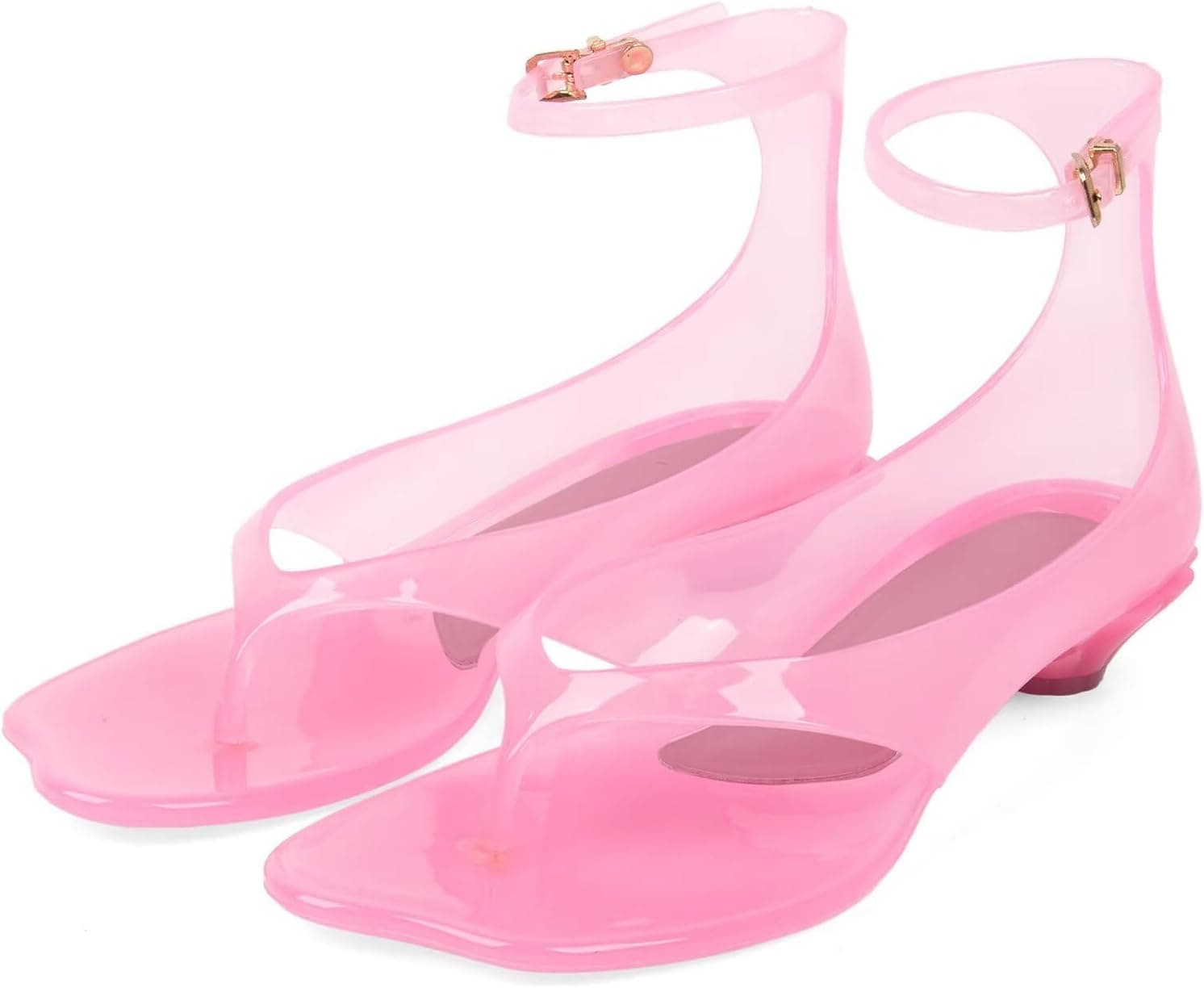 Agodor Jelly Thong Heeled Sandals for Women,Clear Flip Flop Low Kitten Heels for Women Square Open Toe Strappy Summer Casual Beach Adjustable Buckle Dress Sandals