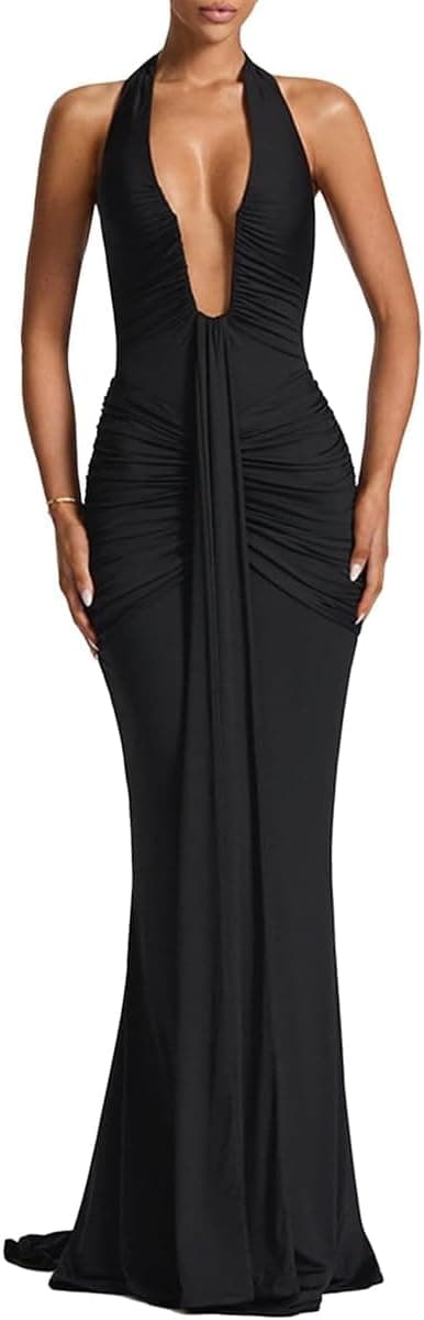Women's Sexy Deep V-Neck Maxi Dress Sleeveless Halter Ruched Bodycon Formal Cocktail Party Evening Dresses