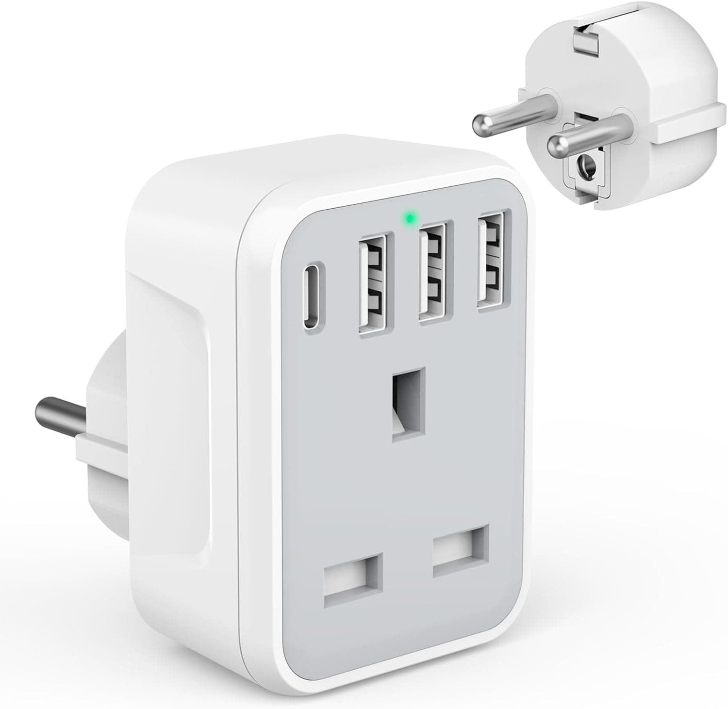 UK to European Travel Adaptor with 4 USB Ports(1 USB C), Grounded EU Euro Europe to UK Power Plug Adapter for Germany Spain France Iceland