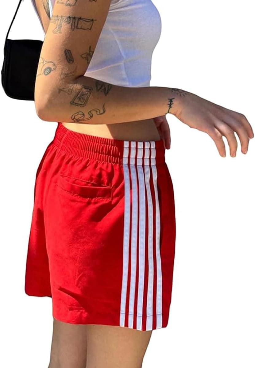 ABINGOO Women Athletic Sweat Shorts Side-Striped Y2k Summer Elastic Waist Workout Loose Wide Leg Lounge Shorts with Pockets
