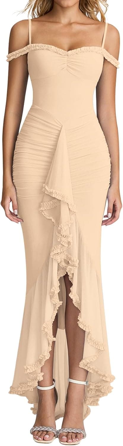 Women Ruffle Bodycon Maxi Dress Ruched Long Formal Cocktail Wedding Guest Dresses