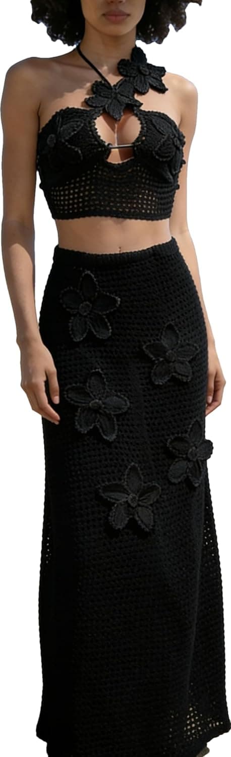 Women's Halter 3D Flower Knitted Hollow Out Beach Dress balckless Open Back Swimsuit Cover up Holiday Party Dress