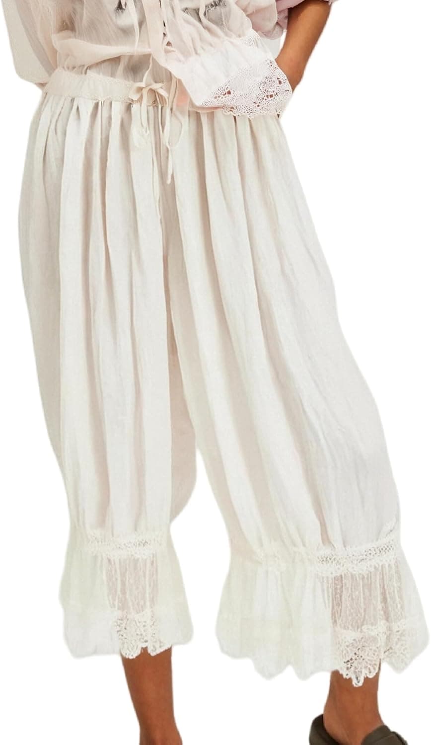 Women Lace Trim Long Bloomers Elastic Mid Rise Ruffle Pantaloons Cropped Flared Slips Pants Pajama Bottoms