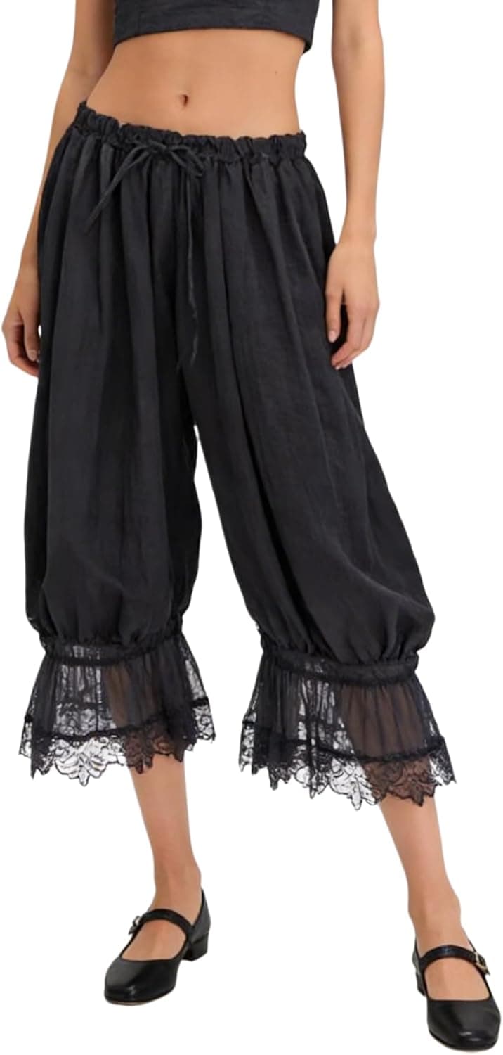 Women Y2k Lace Trim Pants Smocked Elastic Waist Long Bloomers Pant Ruffle Cropped Lounge Pajama Short Pants Slip