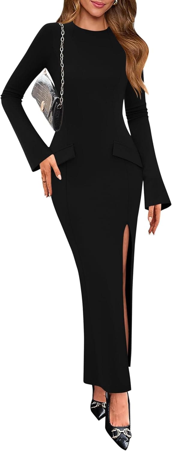 Fall Dresses for Women Long Sleeve Mock Neck Buckle Back Backless Bodycon Split Cocktail Wedding Guest Long Dress