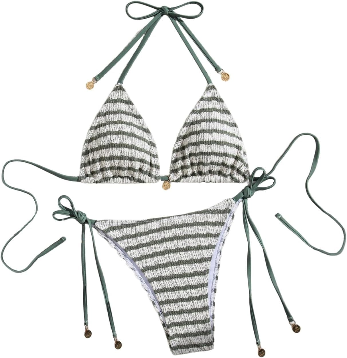 MakeMeChic Women's Striped Triangle Thong Micro Bikini Sets Halter Swimsuits Bathing Suit