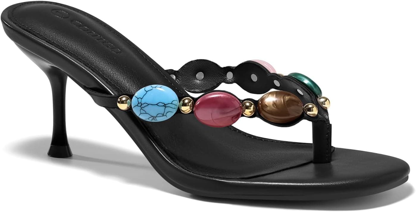 Coutgo Womens Jeweled Heeled Sandals Kitten Heel Starppy Flip Flop Backless Open Toe Slides Boho Summer Vacation Beach Shoes