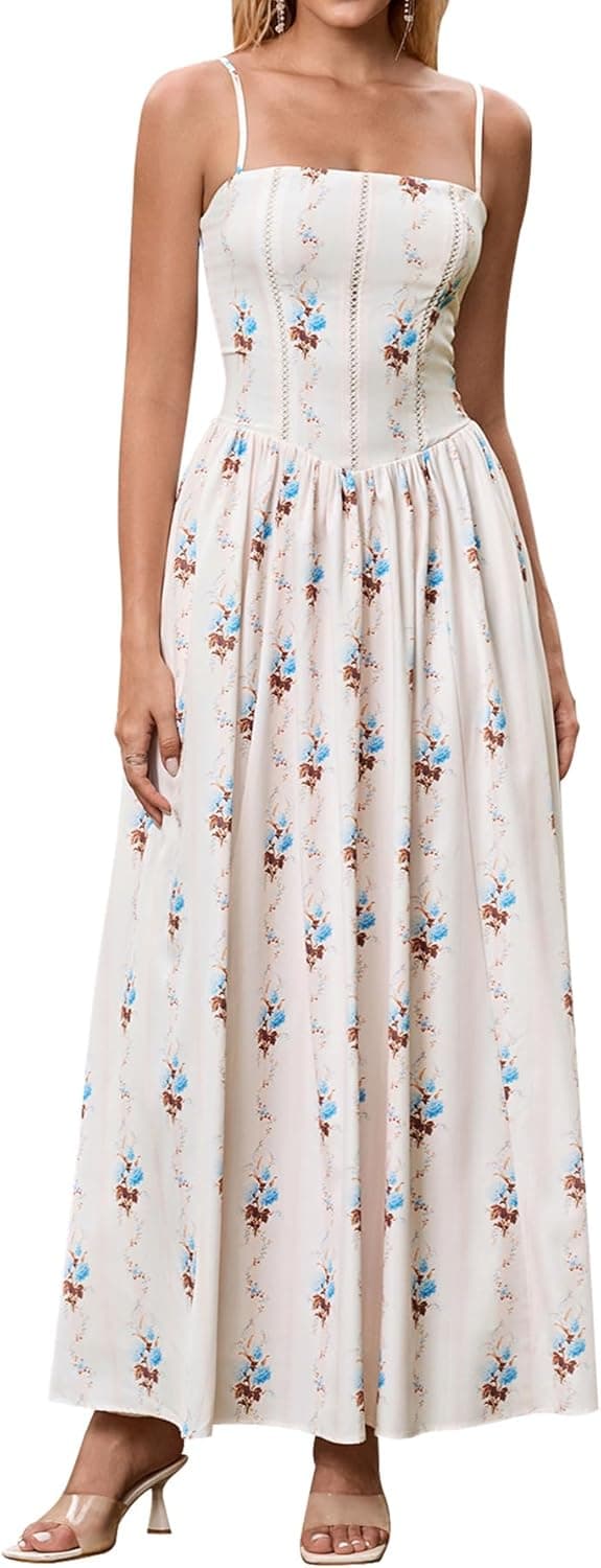 Floral Corset Long Maxi Dress Lace Up Flowy A Line Summer Wedding Guest Dresses for Women Sundress with Pockets