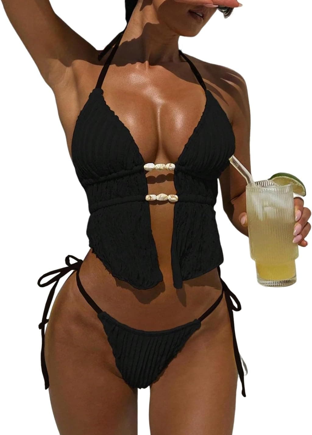 Halter Swimsuits for Women Textured Backless 2 Piece Bathing Suits Cheeky High Cut String Tie Side Bikini Sets